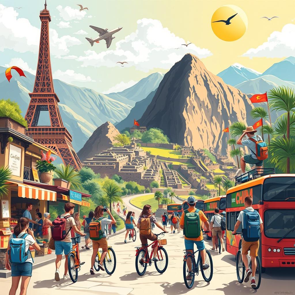 An adventurous and vibrant illustration that captures the essence of travel and tourism