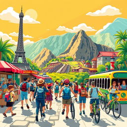 An adventurous and vibrant illustration that captures the essence of travel and tourism