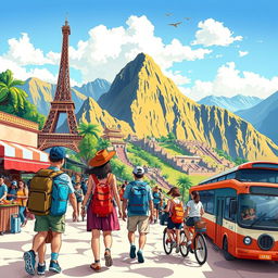 An adventurous and vibrant illustration that captures the essence of travel and tourism