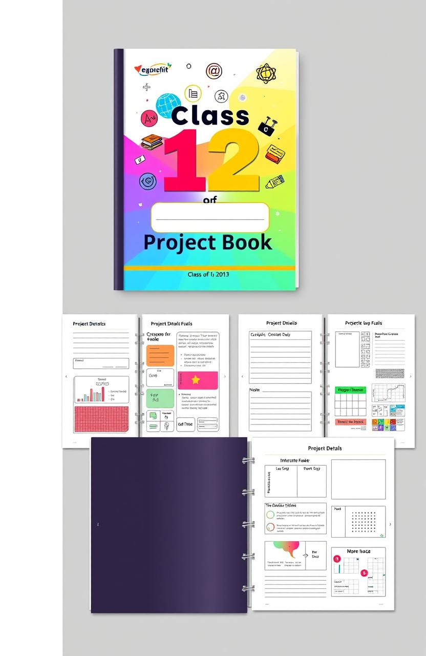 A beautifully designed project book for Class 12 students, featuring a sleek, modern cover with vibrant colors