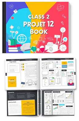 A beautifully designed project book for Class 12 students, featuring a sleek, modern cover with vibrant colors