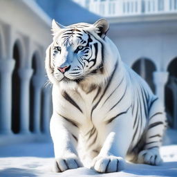 Generate an image of a royal white tiger, forged from pure, crystalline ice