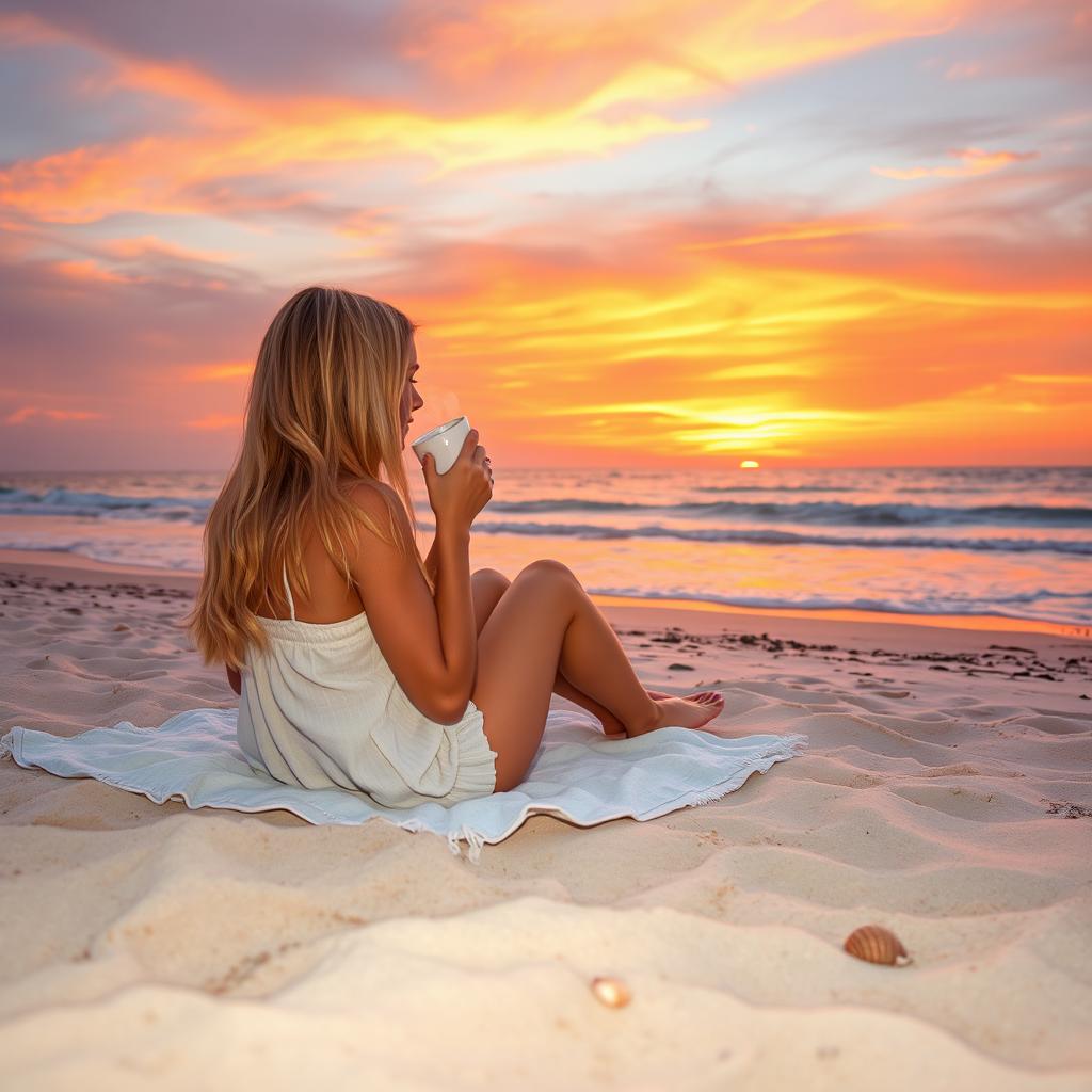 A picturesque beach scene featuring a lovely blonde girl sitting on a blanket in the soft sand, sipping from a steaming cup of coffee