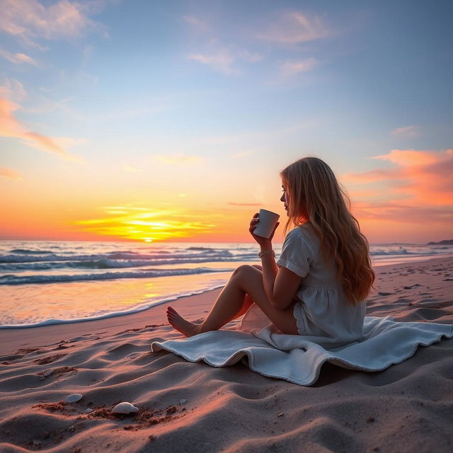 A picturesque beach scene featuring a lovely blonde girl sitting on a blanket in the soft sand, sipping from a steaming cup of coffee