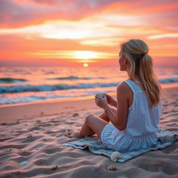 A picturesque beach scene featuring a lovely blonde girl sitting on a blanket in the soft sand, sipping from a steaming cup of coffee