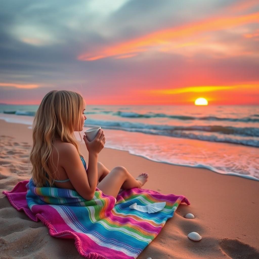 A tranquil beach scene featuring a blonde girl sitting on a colorful blanket, nestled in the warm sand while sipping coffee