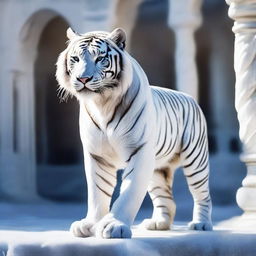 Generate an image of a royal white tiger, forged from pure, crystalline ice