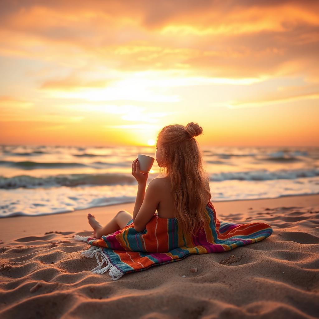 A tranquil beach scene featuring a blonde girl sitting on a colorful blanket, nestled in the warm sand while sipping coffee