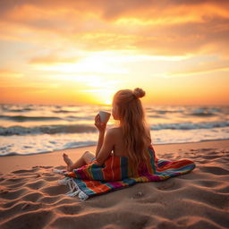 A tranquil beach scene featuring a blonde girl sitting on a colorful blanket, nestled in the warm sand while sipping coffee