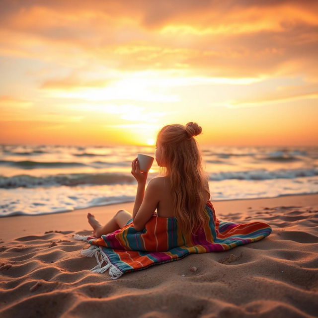 A tranquil beach scene featuring a blonde girl sitting on a colorful blanket, nestled in the warm sand while sipping coffee
