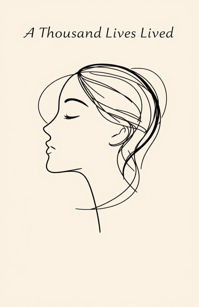 A minimalistic illustration titled "A Thousand Lives Lived" featuring a single, continuous slinky black line that elegantly forms the outline of a woman's face