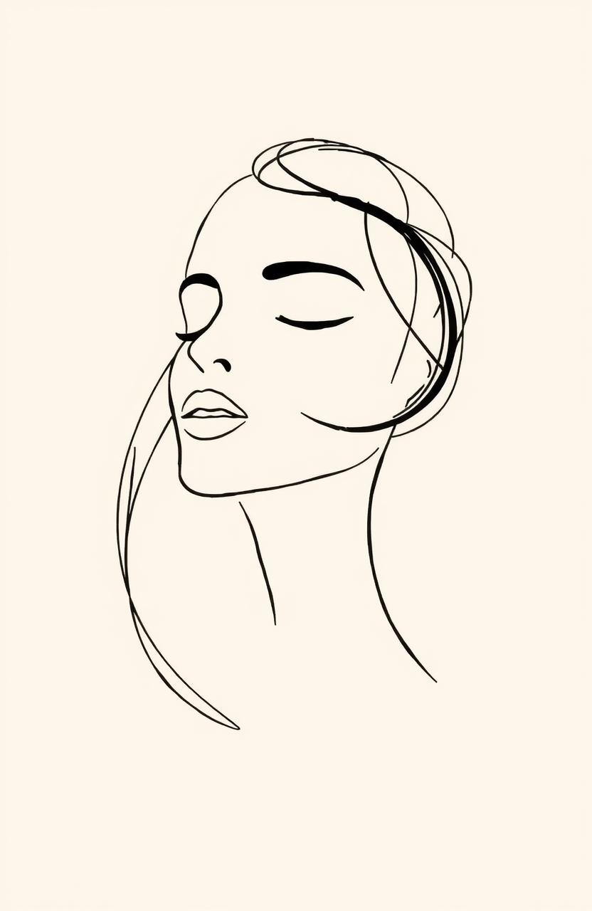 A minimalistic illustration titled "A Thousand Lives Lived" featuring a single, continuous slinky black line that elegantly forms the outline of a woman's face