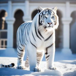 Generate an image of a royal white tiger, forged from pure, crystalline ice