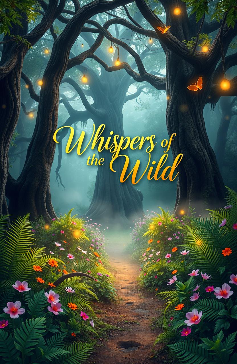 A vibrant and eye-catching front cover design featuring a mystical forest scene at dawn