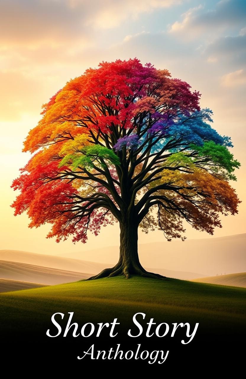 A captivating book cover featuring a majestic tree at its center, each leaf displaying a vibrant color representing various short story genres