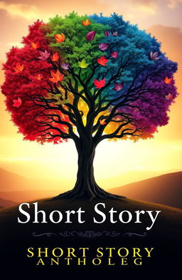 A captivating book cover featuring a majestic tree at its center, each leaf displaying a vibrant color representing various short story genres