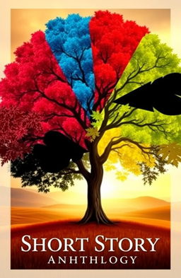 A captivating book cover featuring a majestic tree at its center, each leaf displaying a vibrant color representing various short story genres