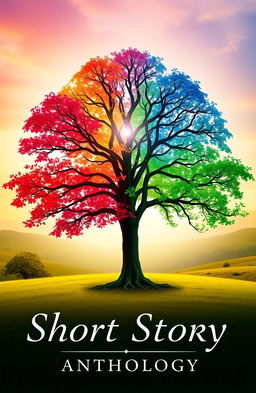 A captivating book cover featuring a majestic tree at its center, each leaf displaying a vibrant color representing various short story genres