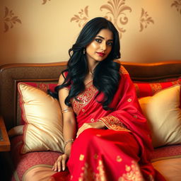 A beautiful Indian woman in a traditional red saree, elegantly draped and showcasing intricate gold embroidery, lying comfortably on a plush bed with soft, inviting pillows