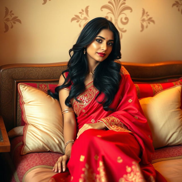 A beautiful Indian woman in a traditional red saree, elegantly draped and showcasing intricate gold embroidery, lying comfortably on a plush bed with soft, inviting pillows