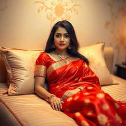 A beautiful Indian woman in a traditional red saree, elegantly draped and showcasing intricate gold embroidery, lying comfortably on a plush bed with soft, inviting pillows