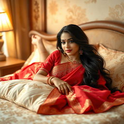 A beautiful Indian woman in a traditional red saree, elegantly draped and showcasing intricate gold embroidery, lying comfortably on a plush bed with soft, inviting pillows
