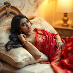 A beautiful Indian woman in a traditional red saree, elegantly draped and showcasing intricate gold embroidery, lying comfortably on a plush bed with soft, inviting pillows