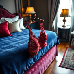 A luxurious bedroom scene featuring a stunning red lace bra hanging elegantly on the edge of a plush bed