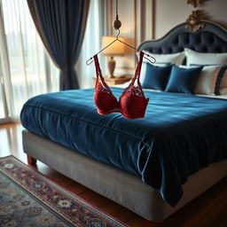 A luxurious bedroom scene featuring a stunning red lace bra hanging elegantly on the edge of a plush bed