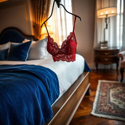 A luxurious bedroom scene featuring a stunning red lace bra hanging elegantly on the edge of a plush bed
