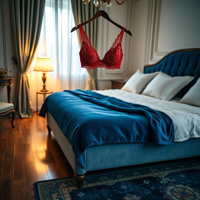 A luxurious bedroom scene featuring a stunning red lace bra hanging elegantly on the edge of a plush bed