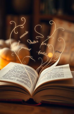 A visually captivating image of an open book with pages featuring elegantly curved lines of text flowing out of the book