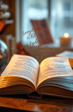A visually captivating image of an open book with pages featuring elegantly curved lines of text flowing out of the book