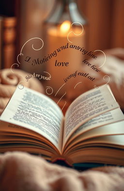A visually captivating image of an open book with pages featuring elegantly curved lines of text flowing out of the book