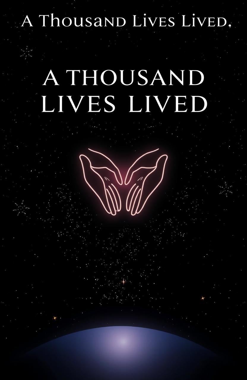 A stunning professional book cover titled "A Thousand Lives Lived" featuring two outlined hands connecting across a vast universe, symbolizing unity and connection