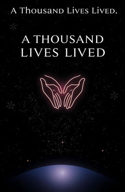 A stunning professional book cover titled "A Thousand Lives Lived" featuring two outlined hands connecting across a vast universe, symbolizing unity and connection