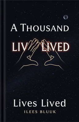 A stunning professional book cover titled "A Thousand Lives Lived" featuring two outlined hands connecting across a vast universe, symbolizing unity and connection