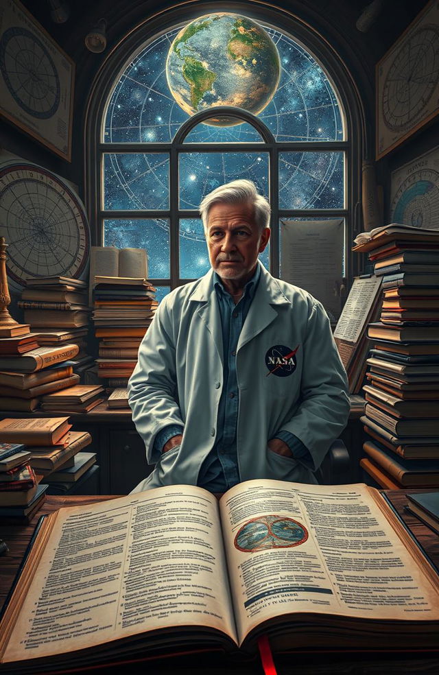 A mystical and atmospheric scene depicting a NASA scientist in an office filled with books, notebooks, and scientific equipment, intensely researching the flat Earth theory