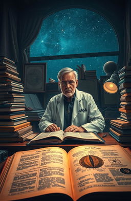 A mystical and atmospheric scene depicting a NASA scientist in an office filled with books, notebooks, and scientific equipment, intensely researching the flat Earth theory