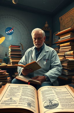 A mystical and atmospheric scene depicting a NASA scientist in an office filled with books, notebooks, and scientific equipment, intensely researching the flat Earth theory