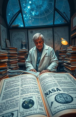 A mystical and atmospheric scene depicting a NASA scientist in an office filled with books, notebooks, and scientific equipment, intensely researching the flat Earth theory