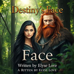 An enchanting book cover set in a mystical fantasy woods, featuring a 16-year-old girl with long, flowing black hair and mesmerizing hazel eyes