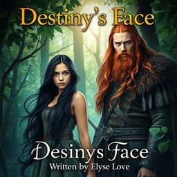 An enchanting book cover set in a mystical fantasy woods, featuring a 16-year-old girl with long, flowing black hair and mesmerizing hazel eyes