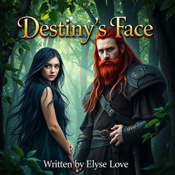 An enchanting book cover set in a mystical fantasy woods, featuring a 16-year-old girl with long, flowing black hair and mesmerizing hazel eyes