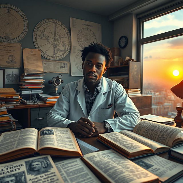 A captivating and atmospheric scene showcasing a young Black South African NASA scientist in a cluttered office, deeply immersed in research about the flat Earth theory