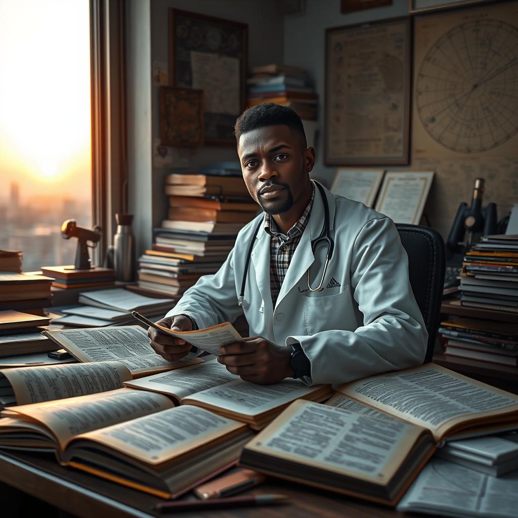 A captivating and atmospheric scene showcasing a young Black South African NASA scientist in a cluttered office, deeply immersed in research about the flat Earth theory