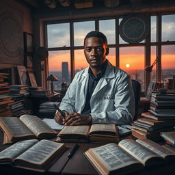 A captivating and atmospheric scene showcasing a young Black South African NASA scientist in a cluttered office, deeply immersed in research about the flat Earth theory