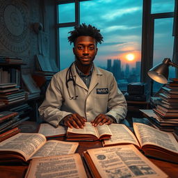 A captivating and atmospheric scene showcasing a young Black South African NASA scientist in a cluttered office, deeply immersed in research about the flat Earth theory