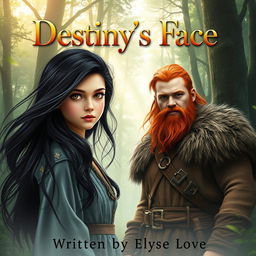 An enchanting book cover set in a mystical fantasy woods, featuring a naive 16-year-old girl with long, flowing black hair and captivating hazel eyes