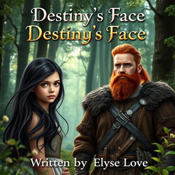 An enchanting book cover set in a mystical fantasy woods, featuring a naive 16-year-old girl with long, flowing black hair and captivating hazel eyes